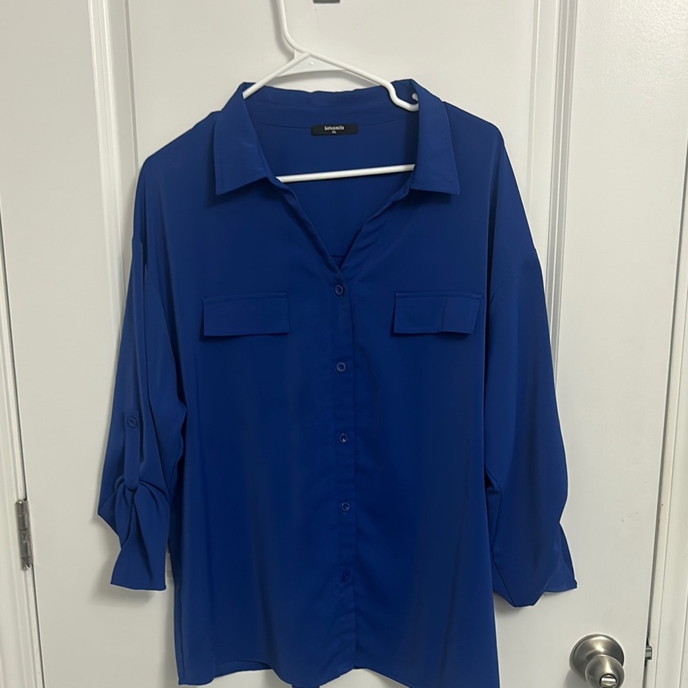 Royal Blue 3/4 Sleeve Notched Collar Button Down Shirt
